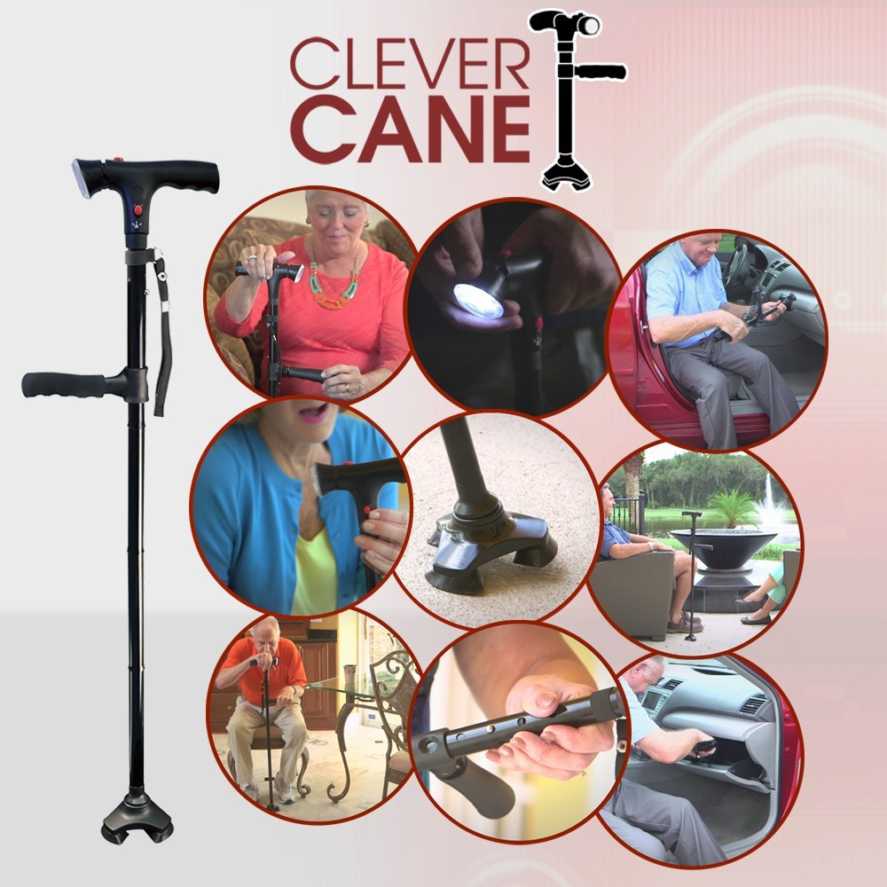 Clever Cane (3 puncte de contact)/Cane Safe Plus (4 puncte de contact) - baston pliabil cu alarma, LED si 3 puncte de contact – pentru oameni cu probleme de mobilitate